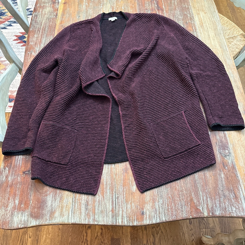 Pure Jill Burgundy Black Ribbed Open Cardigan Large Quiet Luxury